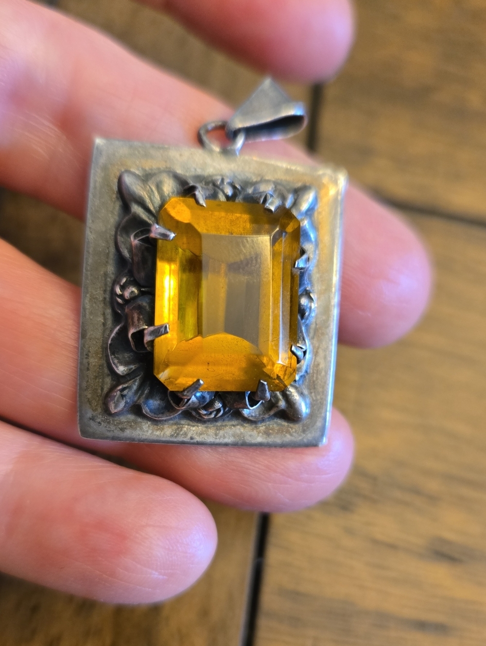 VINTAGE MEXICANA, C MENDOZA Silver Pendant with  Amber-Color Rectangular Stone